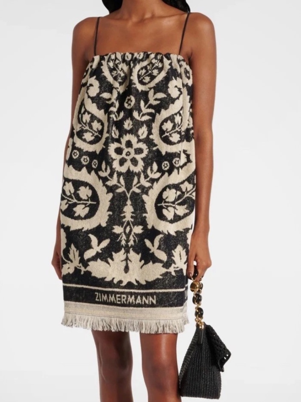 Zimmermann Black & Cream Fringed Terry Mini Dress